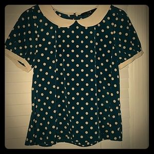Navy polka dot babydoll top with cream collar